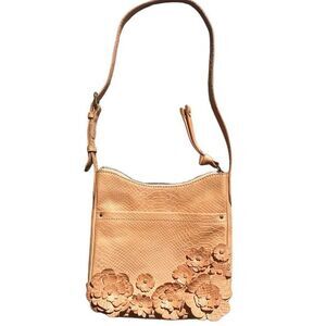 FRYE Crossbody Melissa 3-D Floral Swing Tan Leather Bohemian Crossbody Bag -NEW